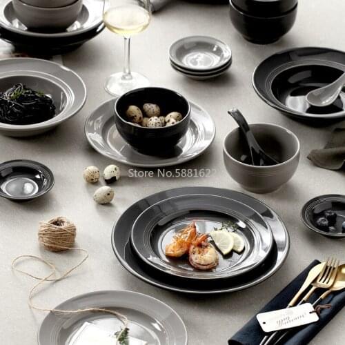 Household European-style ceramic bowls, large noodle bowls, soup bowls, tableware, dishes, rice bowls, black and gray tableware