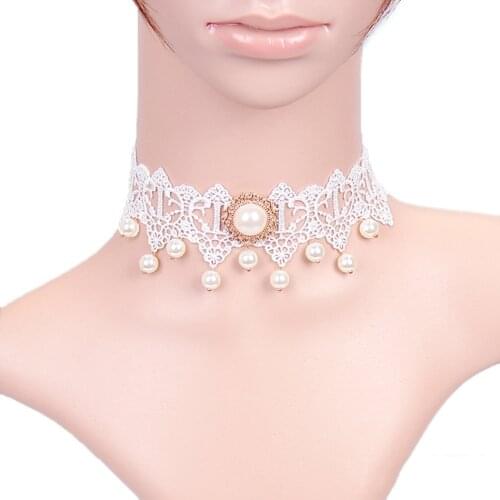 Women Girls Choker Lace Vintage Fake Pearl Bridal Choker Retro Collar Necklace Cosplay Clavicle Necklace Jewellery for Party