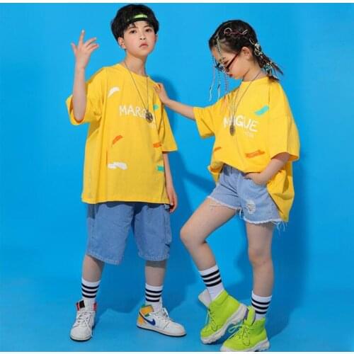 Kids Festival Hip Hop Clothing Yellow Tshirt Tops Streetwear Jeans Shorts Pants For Girls Boys Jazz Dance Costume Clothes