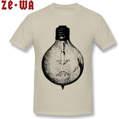 Beige T-shirt For Men Vintage Light Bulb Print Tshirt Slim Fit Cotton Clothes Novelty Guys Tops Graphic Tee Crew Neck T Shirts