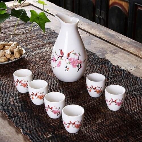 7Pcs Ceramics Japanese Sake Pot Cups Set Home Kitchen Flagon Liquor Cup Drinkware Spirits Hip Flasks Sake White Wine Pot Gifts