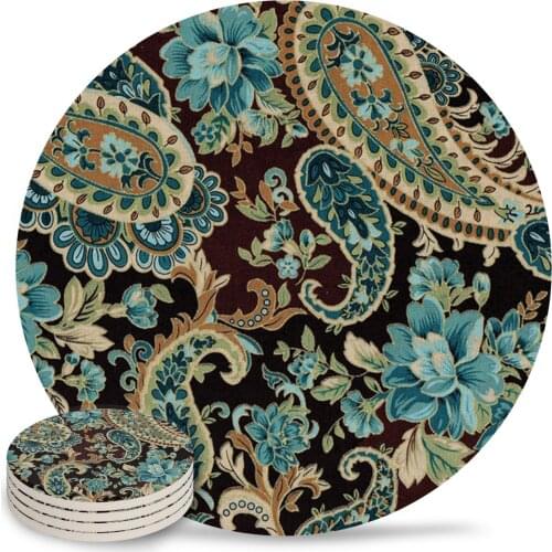 Brown Turquoise Paisley Coasters Waterproof Placemats for Table Christmas Home Decor Coffee Table Decor Ceramic Coasters