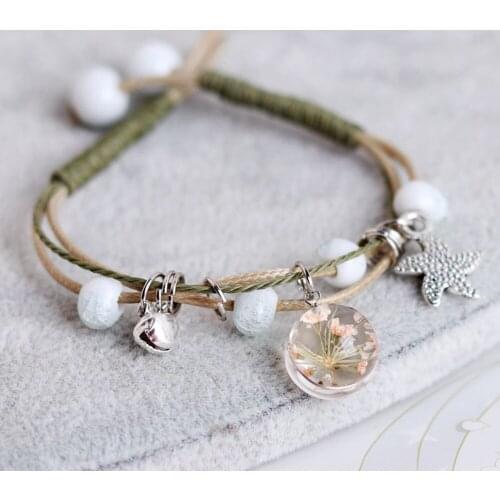 KUNIU Ethnic Ceramic Ball Flower Bracelet Ornament Glass Ball Plant Bracelets Hand Chains Beads Rope Chain Jewelry Accesorries