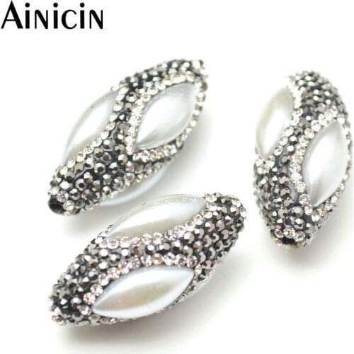 10pcs New Arrival White Shell With Rhinestone Paving 15x30mm Oval Shape Fashion DIY Jewelry Making Materials
