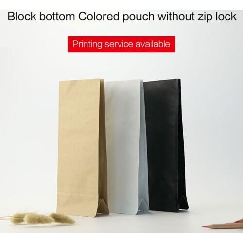 Block bottom stand up pouch matte black white kraft aluminum foil flat bottom quad seal top open coffee bean tea packaging bag