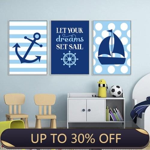Navy Blue Nautical Sailboat Anchor Nursery Decor Canvas Painting Wall Art Poster Print Pictures for Kids Bedroom Home Decor
