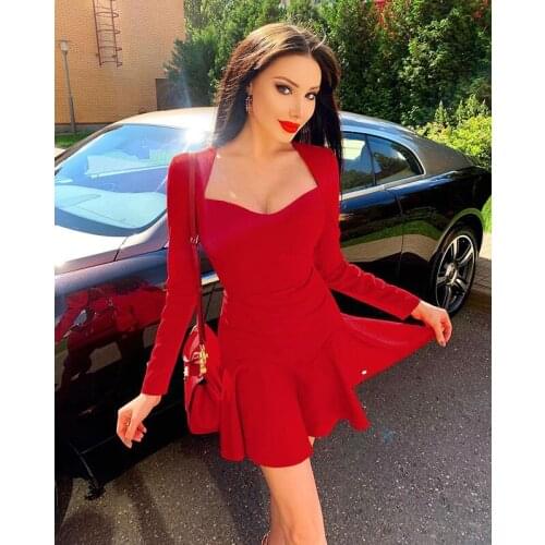 2020 new fashion women red long sleeve mini bodycon party bandage dress