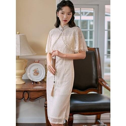 Make spot division cane aristocratic temperament lace improved qipao dress cape two-piece send a corsage