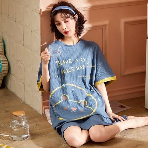 New Blue Womens Nightgowns Fashion Night Wear Summer Nightdress Cute Cartoon Femme Homewear Plus Size Pijamas Cotton Pyjama