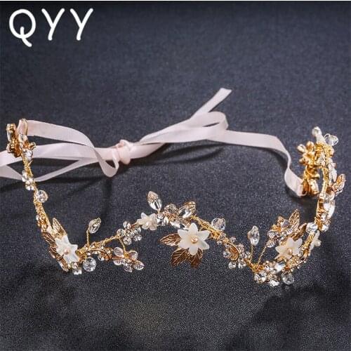 QYY Fashion White Flowers Crystal Princess Wedding Headband Handmade Hair Ornaments Bridal Hair Accessories Tiaras for women