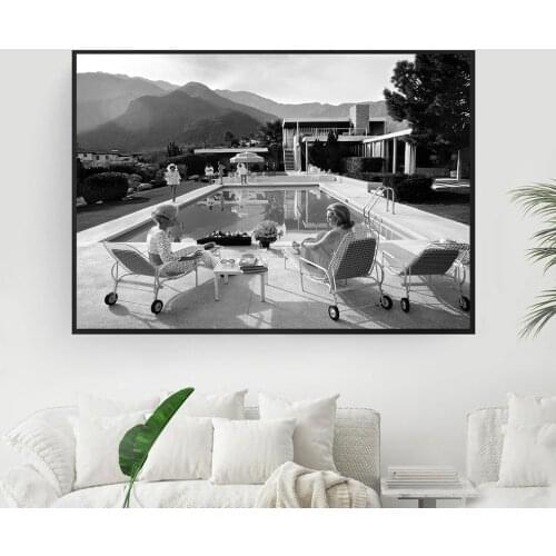 Vintage Model Woman With Sunglasses Poster Fashion Pool Party Black and White Photography Painting on The Wall Canvas Print Home
