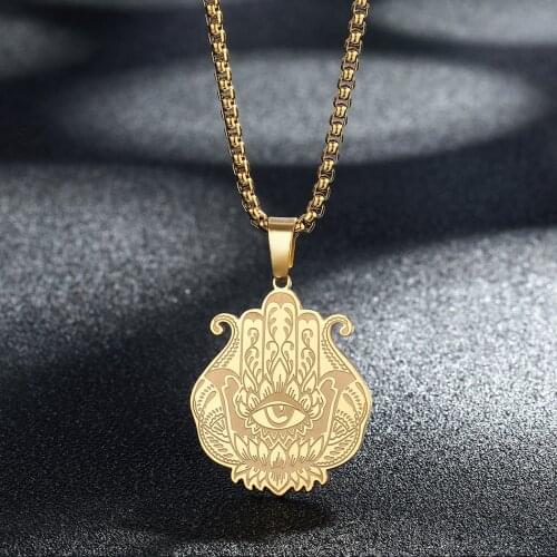 Gold Hand Symbol Hamsa Of Fatima Vintage Necklace Men Women Punk Evil Eye Charm Necklaces Stainless Steel Jewelry
