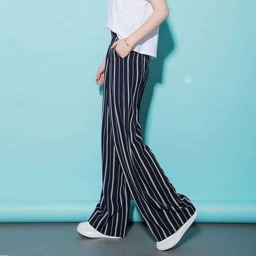 S-6XL plus size Fashion brand chiffon soft fabric striped trousers womens elastic waist longer straight pants wq1729 factory