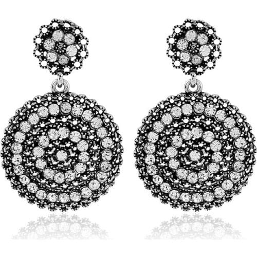 Retro Antiqued Silver Rhinestone Hollow Pendant Chunky Drop Earrings for Women Girl Fashion Party Jewelry