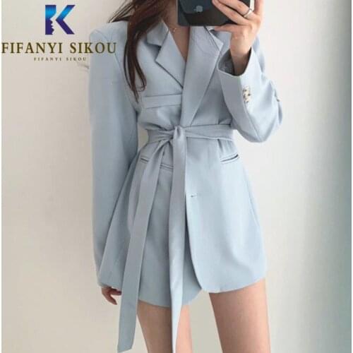 Korean Casual Women Blazer Jacket Single Breasted Lace up Fashion Suit Jacket Lady Office Elegant Slim Blazers Coat 2020 New