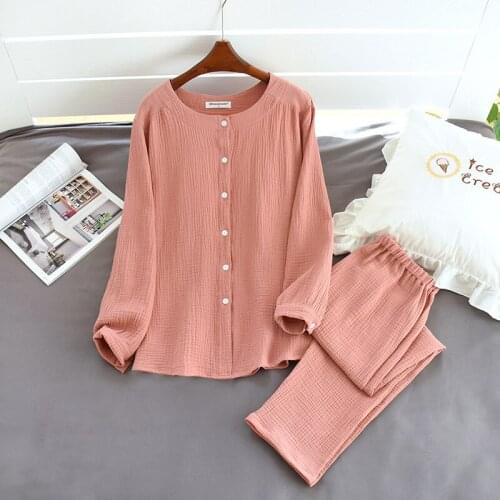 Japanese-style Spring and Autumn Ladies Pajamas Suit Cotton Crepe Long-sleeved Trousers Two-piece Buttoned Home Service Women