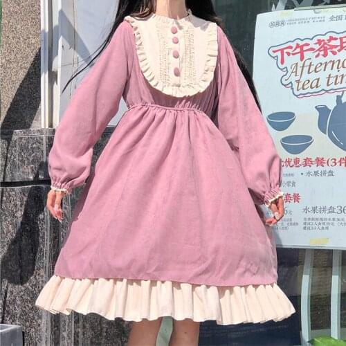 Womens Japanese-Style Round Neck Lolita High Waist Slimming Contrast-Color Ruffled Dress Sweet Lolita Dress Kawaii Clothing