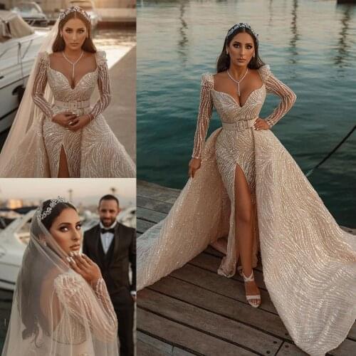 2021 Mermaid Split Wedding Dress With Detachable Train Beaded Sequined Robe De Mariee Long Sleeves Beach Boho Bride Gowns