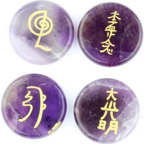 25mm Round Engraved Usui Reiki Balancing Symbols Chakra Natural Stone Healing Reiki Palm Clear Quartz Crystal Lapis Body Care