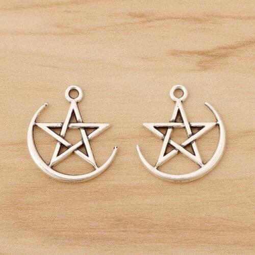 50 Pieces Tibetan Silver Pentagram Star Moon Crescent Charms Pendants for Necklace Bracelet Jewellery Making 19x17mm