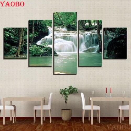 5D DIY diamond embroidery 5 Pieces Forest Lake Waterfall diamond painting Cross Stitch full square round Rhinestone mosaic decor