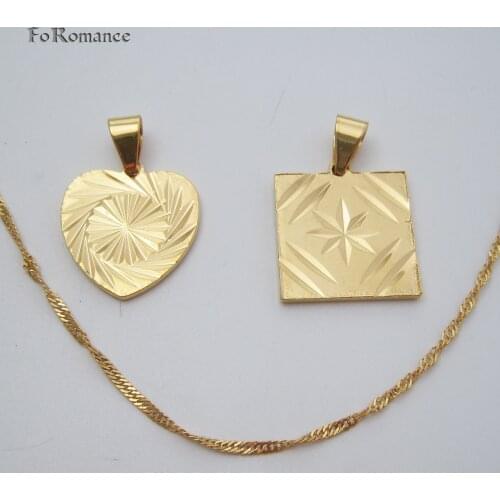 YELLOW GOLD GP 45CM WATER WAVE CHAIN & 2 SHAPES CARVED HEART OR SQUARE SHAPED PENDANT PLAIN BACKSIDE WIDTH 20MM 0.79INCH GREAT