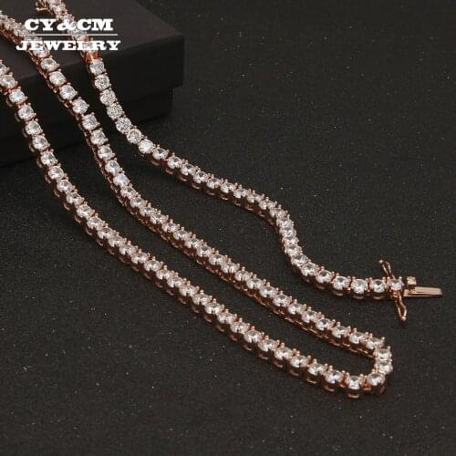 CY&CM 5mm CZ Cubic Zirconia Bracelet 8" Rose Gold Color Hip Hop Shiny Copper Punk Bling Bling Long Necklace 18"20" Jewelry Set