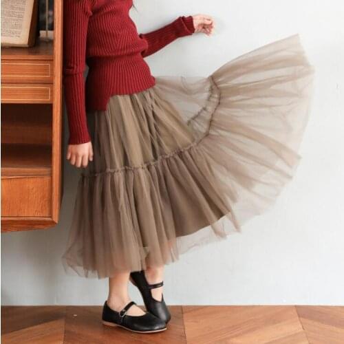 Teens Toddlers Girls Long Skirts New Autumn Winter Children Clothes Pure Color Pleated Tulle Tutu Skirt Long Skirt For Big Girl