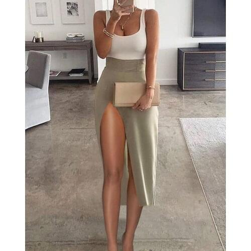 Two Piece Set Suit Women U-neck Tank Tops Midi Skirt Daily Wear 2021 Summer Fashion Sexy Cami Top & High Slit Dress