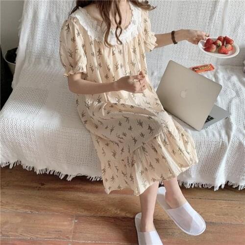 Korean Floral Print Summer Nightgown Casual Sweet Loose Short Sleeve Long Sleepwear Homewear Cotton Home Clothes Lace