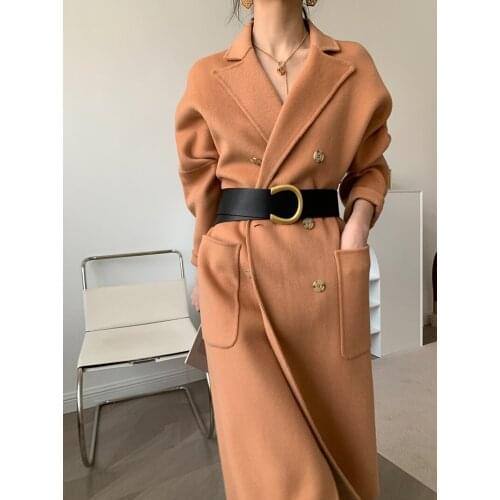Suit collar wide version double-breasted mid-length double-sided cashmere coat woolen coat Korean version 21 new