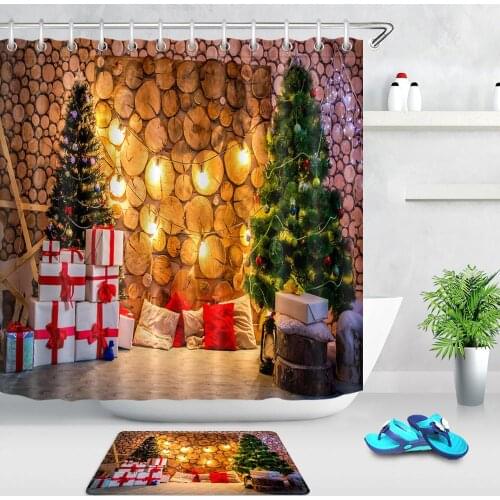 Stump Wall With Christmas Tree & Presents Shower Curtain Sets Hooks Bathroom Curtain Waterproof Polyester Fabric Bathroom Mat