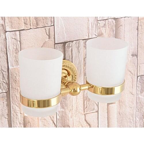 Double Scrub Glass Cup Bathroom Hardware Accessories Wall Mounted Gold Color Brass Toothbrush Holder Dba598