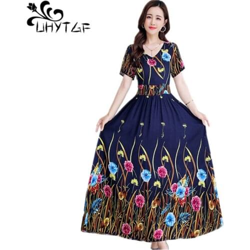 UHYTGF Fashion Womens Summer Dresses Soft Cotton Silk Comfortable Big Swing Beach Long Dress Female V-Neck Plus Size Dress 2120