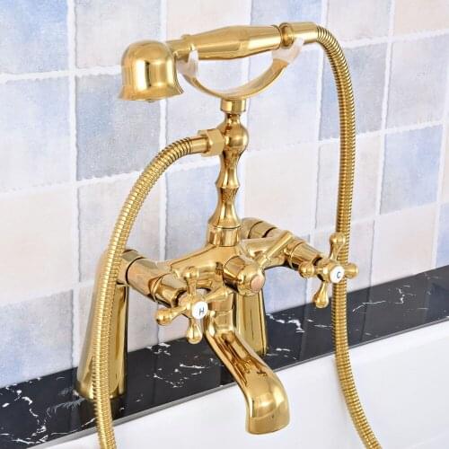 Modern Luxury Golden Brass Deck Mounted Bathroom Tub Faucet Set with 1500MM Handheld Shower Spray Head Bath Mixer Tap 2tf787
