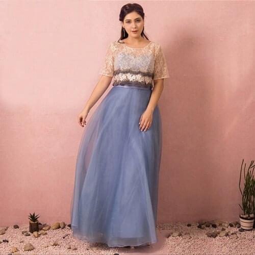 Evening Dress Embroidery O-Neck Fashion Lace Up A-Line Pleat Short Sleeves Tulle Floor-Length Plus Size Women Formal Gowns D839
