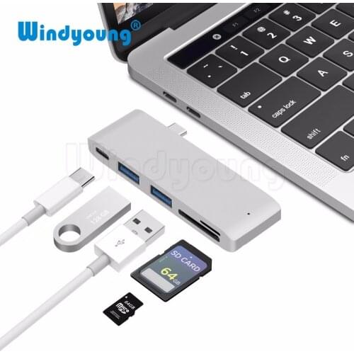Windyoung USB-C Hub SD/TF Card Reader for Macbook Pro, USB Type C Hub Adapter with Type-C Charging Port Multi USB 3.0 Splitter