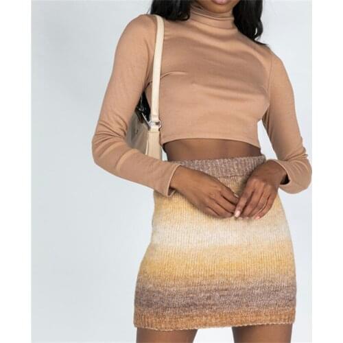 Womens Bodycon Slim Mini Skirt Fashion High Waist Gradient Print Stretchy Knitted Short Pencil Skirt Blue/Pink/Yellow