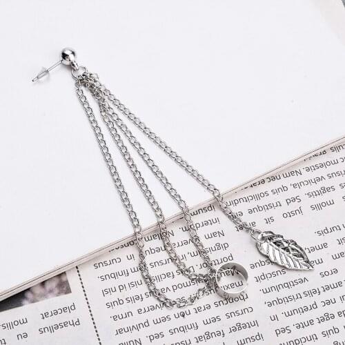 Female Punk Style Tassel Chains Earring Vintage Leaf Pendant Ear Cuff Earring Elegant Cross Chain Metallic Clip Earring
