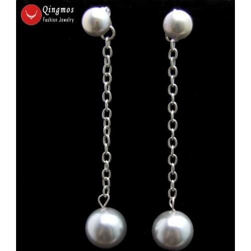 Qingmos Natural Pearl Earring for Women with Gray 7-8mm Flat Round Pearl & Dangle 12mm Sea Shell Pearl Earrings Jewelry ear561