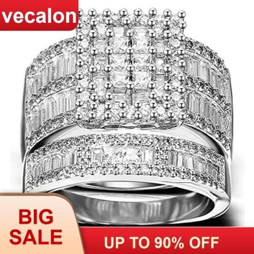 Vecalon Charm Promise Ring Set 925 sterling silver Princess Cut Zircon Cz Engagement Wedding band rings for women Bridal Jewelry