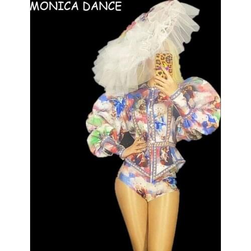 Women Nightclub Sexy Stage Rhinestone Portrait Pattern Shirt Short Lace Cap Women Dancer Show Outfit Set Bar Dance Outfit Set