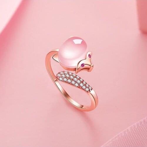 Unique Charm Fox Rings Inlay Pink Opal Zircon Fashion Adjustable Size Rose Golden Animal Jewelry For Women Wedding Party Gifts