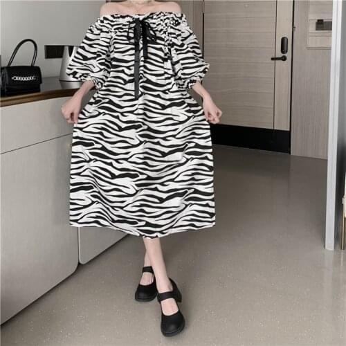 Retro Loose zebra print shoulder bow drawstring lace Three Quarter sleeve Dress Female Vintage Pullover Maxi Dress Casual 103G