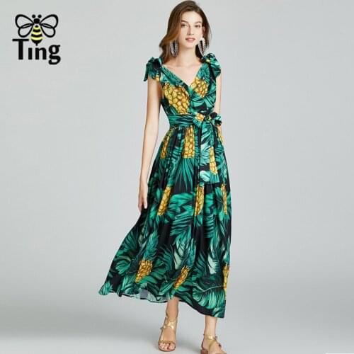 Tingfly Women Summer Fashion Bohemian Tropical Print Green Maxi Long Dresses Lady Vintage V Neck Sleeveless Beach Style Vestidos