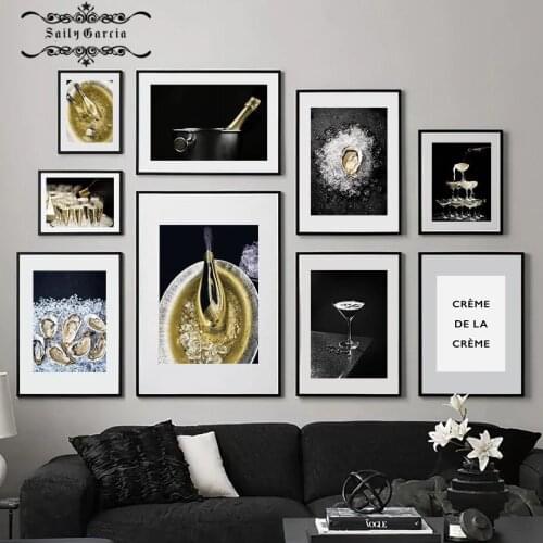 Golden Champagne Canvas Painting Party Posters and Prints Wall Art Oysters Nordic Pictures for Living Room Modern Home Decor