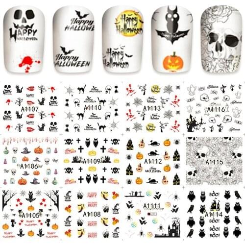 12sheets water decal nail art nail sticker Decorations slider tattoo full Cover pumpkin skull design Halloween decals A1105-1116