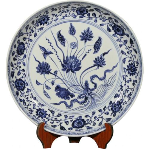 16 inch Lagre Antique Classic Hand Painted Blue and White Decoration Round Ceramic Plate