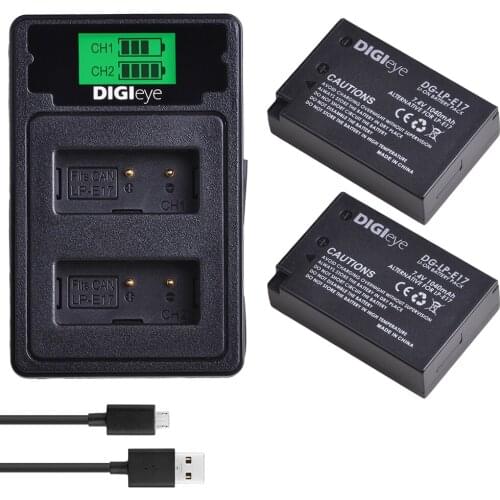 2 Pack LP-E17 LP E17 Battery+Dual USB LCD Charger Compatible with Rebel T6i, T6s, T7i, 750D, 760D, 8000D, Kiss X8i, 800