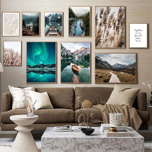 Aurora Lake Snow Mountain Canvas Print Forest Boat Scandinavian Landscape Wall Art Painting Reed Grass Poster Picture Home Decor